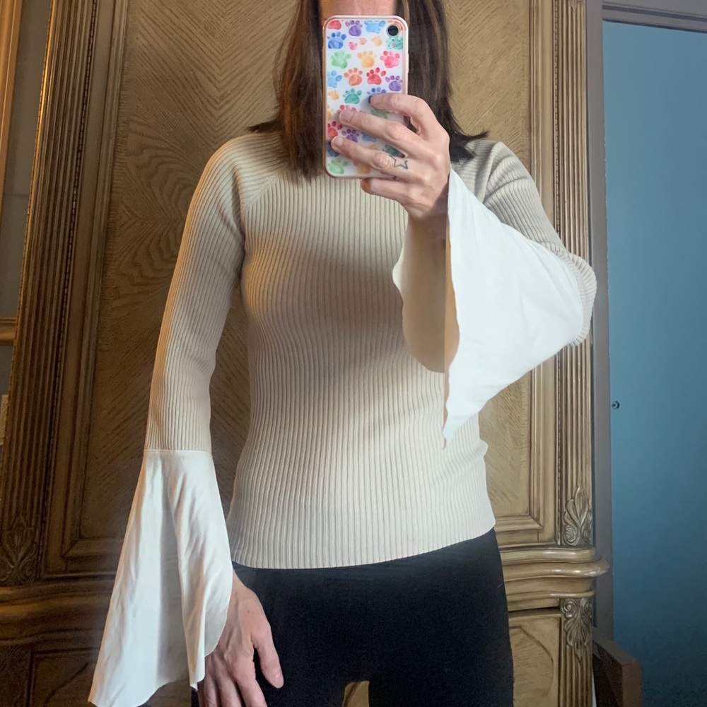 2/$10 -BEBE Dressy Cream Beige Flared Silk Top S M